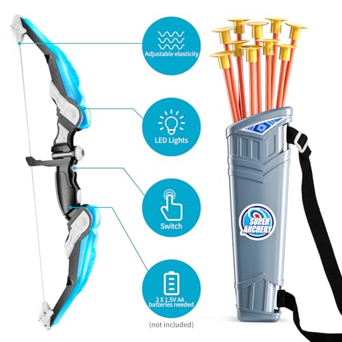TEMI Bow and Arrow Set for Kids - Archery Toy Set - LED Light Up with Suction Cup Arrows, Target & Quiver, Indoor and Outdoor Toys for Children Boys Girls