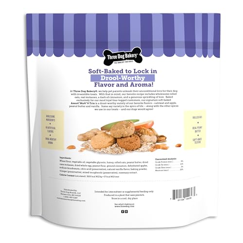 Three Dog Bakery Assort Mutt Trio, 48oz – Delicious Dog Treats with Oats, Apple, Peanut Butter & Vanilla, Premium Dog Training Treats, Puppy Treats
