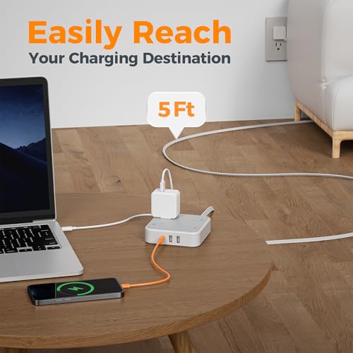 TESSAN Surge Protector Flat Extension Cord 5Ft, Flat Plug Power Strip with 4 Outlets 3 USB Ports (1 USB C), 900 Joules Protection, Multiple Wall Outlet Extender Suitable for Home Office Dorm, Grey