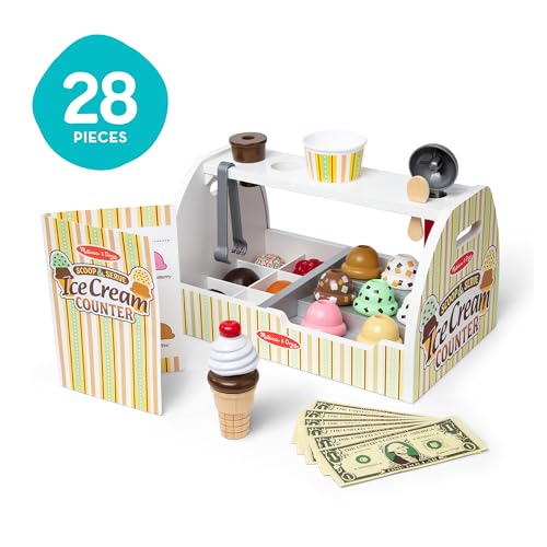 Melissa & Doug Wooden Scoop & Serve Ice Cream Counter, Pretend Play Store, 28 Toy Food & Play Kitchen Accessories, Preschool Toys for Girls & Boys 3+