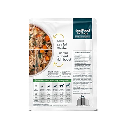 JustFoodForDogs JustFresh Wet Dog Food, Fresh Pet Meals and Toppers with No Preservatives, Resealable Package, Human Grade, Home-Cooked Chicken, 12 oz - 7 Pack