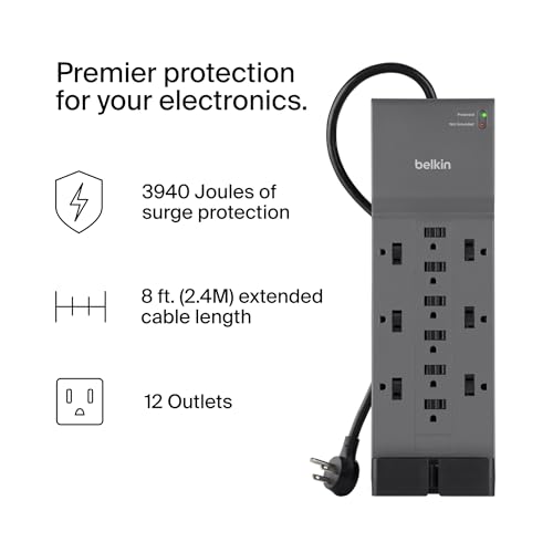 Belkin 12-Outlet Surge Protector Power Strip w/ 12 AC Outlets & 8ft Flat Plug, UL-Listed Heavy-Duty Extension Cord for Home, Office, Travel, Computer, Laptop, Charger - 3,940 Joules of Protection