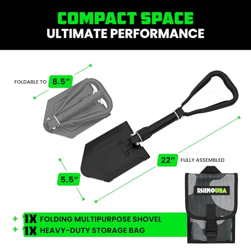 RHINO USA Folding Survival Shovel w/Pick - Heavy Duty Carbon Steel Military Style Entrenching Tool for Off Road, Camping, Gardening, Beach, Digging Dirt, Sand, Mud & Snow.