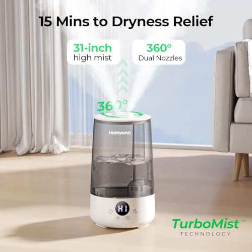 Homvana Humidifiers for Bedroom Home, 3.6 L Cool Mist Top-Fill 34H Super Long Time, Quiet 23dB, Baby Humidifier, Oil Diffuser for Large Room, House, Plant, Nursery, Office, BPA FREE, Ultrasonic (Grey)