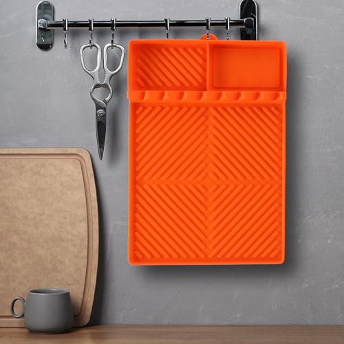 Silicone Tools Mat for Griddle Kitchen Cooking Baking Countertop-Side Shelf Spatula Mat with Drip Pad for Blackstone Weber Traeger Pit Boss Flat Top Grill Smoker- BBQ Accessories Gifts for Men(Orange)