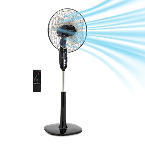 Basics 16" Pedestal Fan with Remote for Bedroom, Living Room, Office, Adjustable Height, Dual-Layered Blades, 3 Speeds, 3 Modes, Timer, Tilt Head, 60W, Black