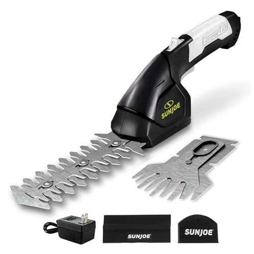 Sun Joe 2 in 1 Cordless 7.2V Handheld 4" Grass Shear and 6" Hedge Trimmer, Battery Powered, Built-In Safety Switch and Blade Safety Cover