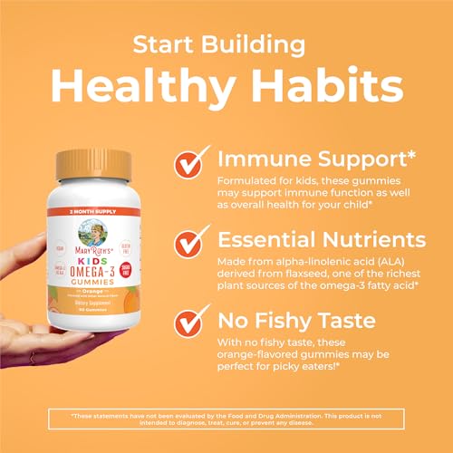 MARYRUTH'S Vegan Omega 3 Gummies for Kids 2+, 2 Month Supply, Sugar Free, Omega 3 Supplement with Vitamin C, Flaxseed Oil, Immune Support, Essential Nutrient ALA, No Fish Taste, 60 Count