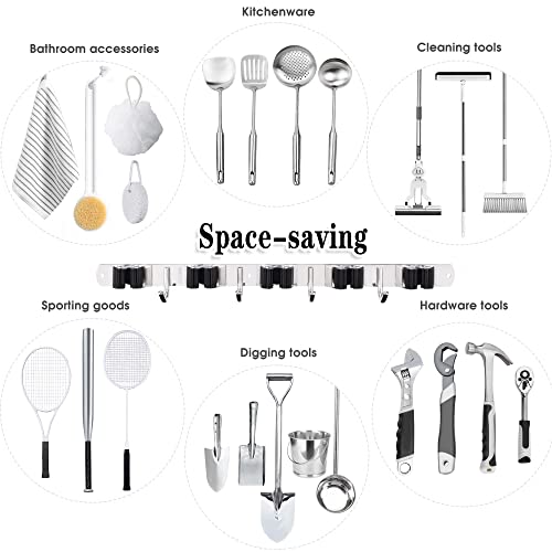 AceMining 5 Racks and 4 Hooks Mop and Broom Holder Wall Mount, Broom Organizer Storage Tool Racks Stainless Steel Heavy Duty Hooks Self Adhesive Solid Non-slip for Home Kitchen Garden Laundry Garage