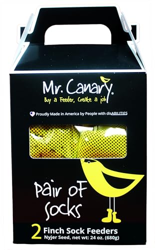 Mr. Canary Yellow 'Pair of Socks' Finch Sock Feeders, 2pk, Seed-Filled All-Season Feeders, 24oz Total