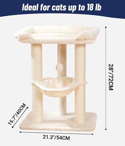 Happi N Pets 28" Cat Tree, Large Bed for Big Cats, Small Cat Tower with Soft Perch for Window Viewing, Stable Cat Tree Tower, Cat Scratching Post with Hammock, Removable Cover-Beige