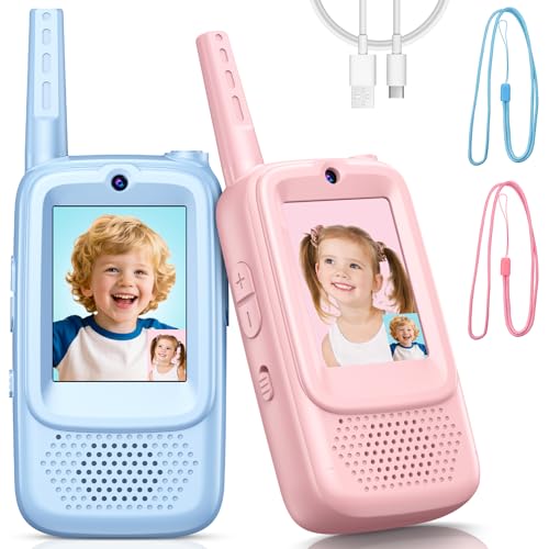 Video Walkie Talkies for Kids, 2 Pack Rechargeable Walkie Talkies with Screen and 4 Voice Changer, Christmas Birthday Gifts for Boys and Girls Ages 3-12, Indoor Outdoor Toys for Family Games, Camping