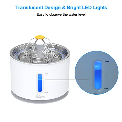 Wonder Creature Cat Water Fountain Stainless Steel, 81oz/2.4L Cat Fountain with Water Level Window and LED Light for Water Shortage Alert, Cat and Dog Fountain with 3 Filters and 1 Mat