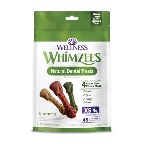 Whimzees Wellness Brushzees Natural Dog Dental Treat, VOHC Accepted Chews, Freshens Breath, Extra-Small Size, 12.7 oz Bag, 48 Count