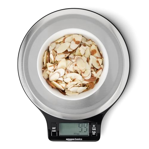 Basics Digital Kitchen Scale with LCD Display, Tare Function, Multiple Units, Weighs up to 11 Pounds, Batteries Included, Black and Stainless Steel