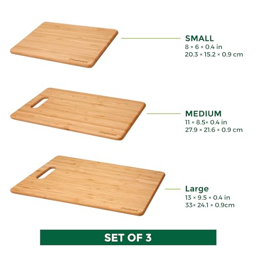 Freshware Bamboo Cutting Board Set of 3, Wooden Cutting Boards for Kitchen, Knife Friendly Food Grade Chopping Board, Lightweight with Hanging Hole for Easy Storage