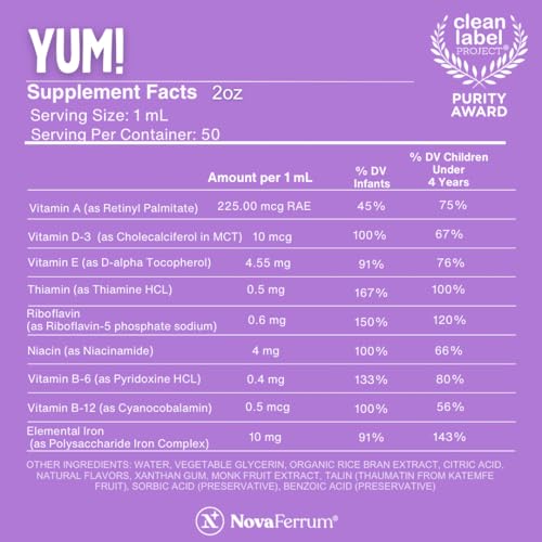 NovaFerrum Yum | Multivitamin with Iron for Infants, Toddlers & Kids Ages 4 & Under | Immune Support | Gluten Free Certified | Sugar Free | Raspberry Grape | 50 Servings