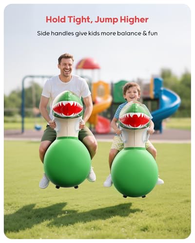 QPAU Inflatable Bouncy Dinosaur Toys 2 PCS with Hand Pump, Heavy Duty Giant Bouncy Pal, 220lbs Load Capacity, Ride On Bouncy Animal Hopper Toy, Indoor Outdoor Bouncers for Kids Girls Boys Ages 5+