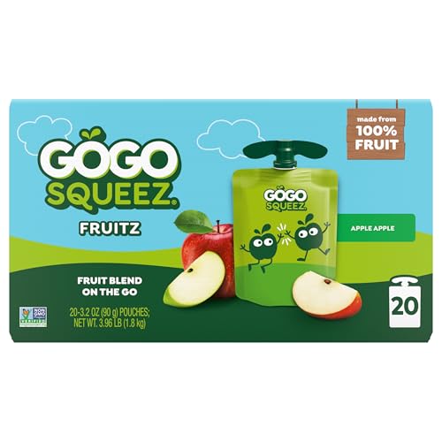 GoGo squeeZ No Sugar Added Applesauce and Fruit Puree, Apple, 3.2 oz Pouches (Pack of 20), Fruit Snacks for Kids, Gluten Free, Nut Free, Recloseable Cap, BPA Free