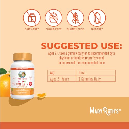MARYRUTH'S Vegan Omega 3 Gummies for Kids 2+, 2 Month Supply, Sugar Free, Omega 3 Supplement with Vitamin C, Flaxseed Oil, Immune Support, Essential Nutrient ALA, No Fish Taste, 60 Count