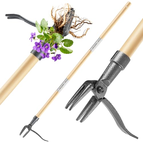 Weed Puller Tool, Stand Up Heavy Duty Weed Remover Tool with Long Handle & 4-Claw Steel Head, Bamboo Garden Hand Weeding Tool - Easily Remove Weeds Without Bending, Pulling,or Kneeling