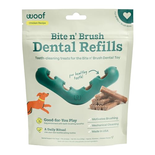 WOOF - Bite n' Brush Refills Treats for the Dog Toothbrush Toy - Scrub Plaque and Tartar from Your Dog's Teeth and Mouth - Dog Dental Sticks - 18 Refills - Chicken