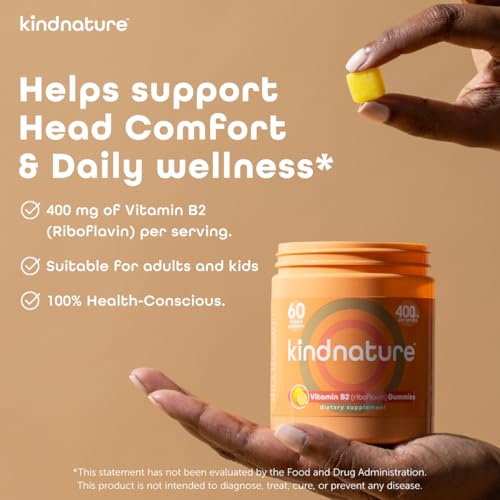kindnature Vitamin B2 Gummies - Riboflavin 400mg Supplement for Kids & Adults - Non-GMO, Soy & Gluten-Free, Vegan Chewable Gummies (30 Day Supply)
