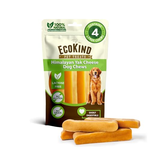 EcoKind Yak Cheese Himalayan Dog Chews, Yak Chews for Large Dogs, Long Lasting Bone for Aggressive Chewers, 3 Ingredients, Natural High Protein Treats, No Additives, Lactose Free, Large - 4 Chews