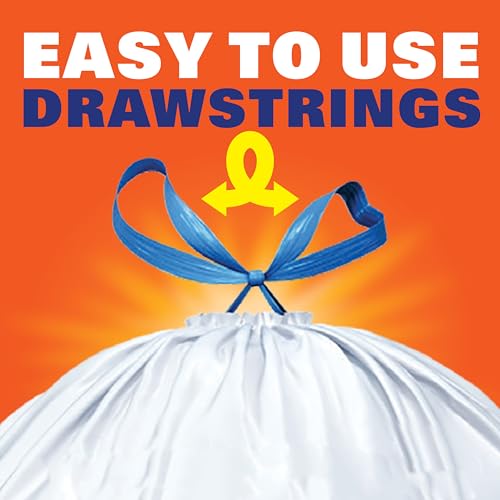 Hefty Strong 13 Gallon Trash Bags, Tall Kitchen Trash Bags, UnscentedLarge Trash Bags with Drawstrings, Durable Closure, Resists Leaks, Punctures, and Tears, White, Unscented, 90 Bags
