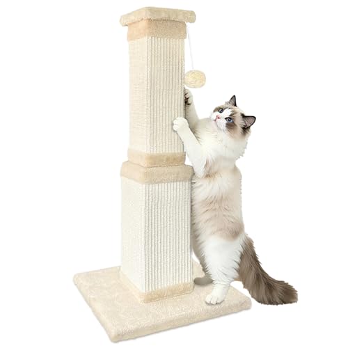 Cat Scratching Post for Large Cats, Cat Scratcher for Indoor Cats Adults, Sturdy Sisal Scratch Post to Protect Furniture, 32 Inch, Beige