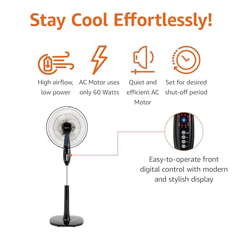 Basics 16" Pedestal Fan with Remote for Bedroom, Living Room, Office, Adjustable Height, Dual-Layered Blades, 3 Speeds, 3 Modes, Timer, Tilt Head, 60W, Black