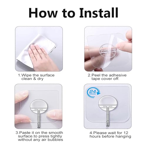 JINSHUNFA Adhesive Wall Hooks 13LB Heavy Duty No Drill Transparent Waterproof Hooks for Bathroom Kitchen Towel Coat 12 Pack