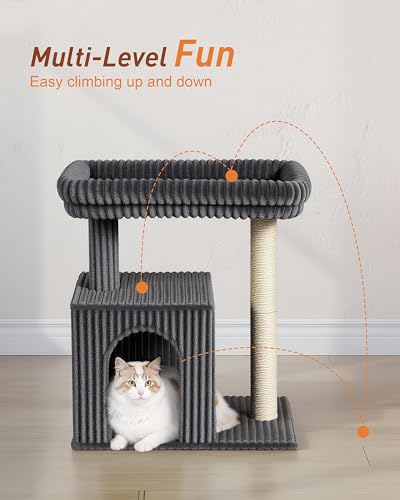 Cat Tree for Large Cat, 20.9 * 15.7in Large Perch Bed for Adult Cats, 22.8in Cat Tower with Scratching Post, Cat Condo with 2-Door for Indoor Cats, Dark Gray