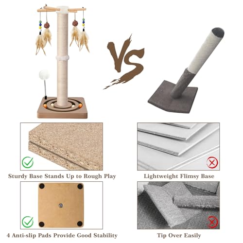 PAROTO Cat Scratching Post, Sisal Cat Tree Tower Scratcher for Indoor Cats Adults with Interactive Toys, Double Ball Track, 2 Mounting Methods, 25 inches