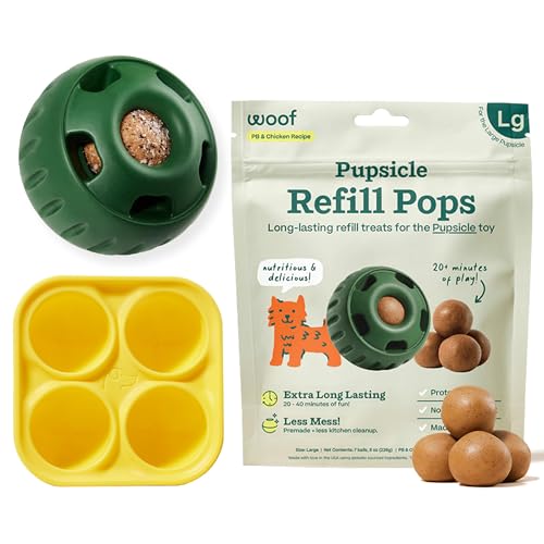 WOOF Starter Pack - Interactive Dog Ball Toy for Boredom - Dog Treat Molds Silicone - Chicken-Flavored Healthy Treats for Dogs - Pupsicle Doggy Enrichment Toy - for Large Pups - 25-75 lbs