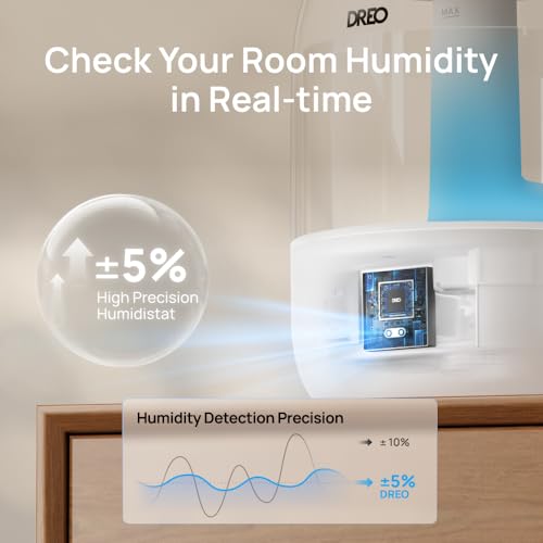 DREO Humidifiers for Bedroom, 3L Top Fill 30H & 26dB Quiet Runtime for Large Room, Cool Mist Ultrasonic Humidifier with Humidity Sensor, Night Light for Home, Baby, Nursery, Plants, New Edition