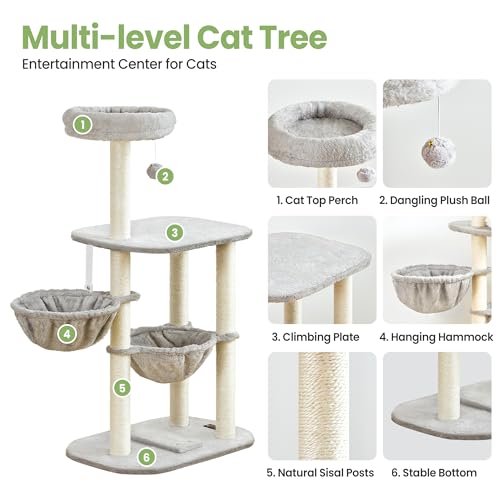 Small Cat Tree Tower with Lots of Scratching Posts - 42 Inch Medium Compact Cats Scratch House with Hammock Perch for Multi Level 2 Kitty - Indoor Corner Cat Bed Condo Climbing Gym Towers Furniture