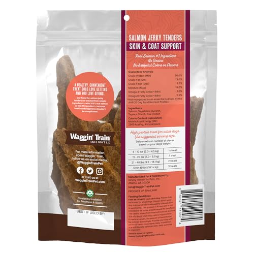 Waggin' Train Salmon Jerky Dog Treats for Skin and Coat Support, Made with 100% Real Salmon, No Grains and No Artificial Flavors or Colors, High Protein Dog Treat, Easily Digestible, 12 oz. Pouch