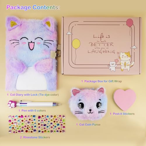 PJDRLLC Cat Diary with Lock, Gift for 6 7 8 Year Old Girl, Secret Diary Journal Notebook with Coin Purse, Multicolored Pen, Post-it Note, Stickers, Practical Gift for Birthday (A Happy Cat)