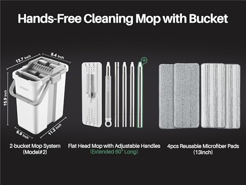 JOYMOOP Mop and Bucket Set, Flat Mop Flat Head, Microfiber Dust Mops for Household & Commercial Wall Cleaner with Long Handle, Hands-Free Floor Cleaning