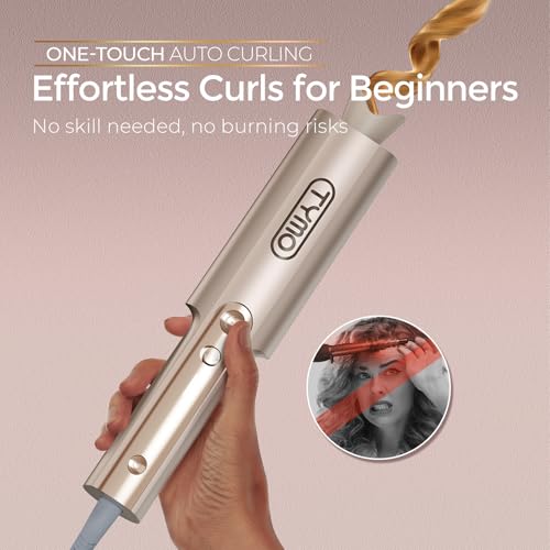 TYMO CurlPro Plus Automatic Rotating Curling Iron - Upgraded Long Barrel Curling Wand for Long Hair, Ceramic Hair Curler for Women, Anti-Scald, Tangle-Free, 600M Ionic, Dual Voltage, Gold, 1 Inch