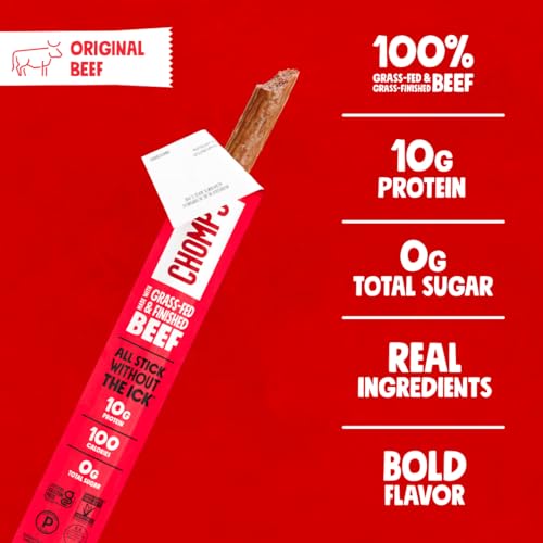Chomps Grass-Fed and Finished Original Beef Jerky Snack Sticks 24-Pack, Keto, Paleo, Whole30, 10g Protein, Gluten-Free