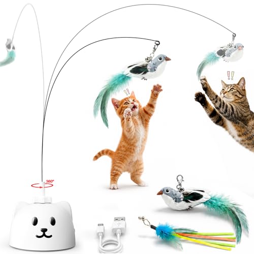 Interactive Cat Toys for Indoor Cats - Automatic Flying Bird Feather Toy, USB Rechargeable Electric Cat Teaser with Sticky Suction Base, Smart Motion Activated Self-Play Enrichment Toy for Bored Cats