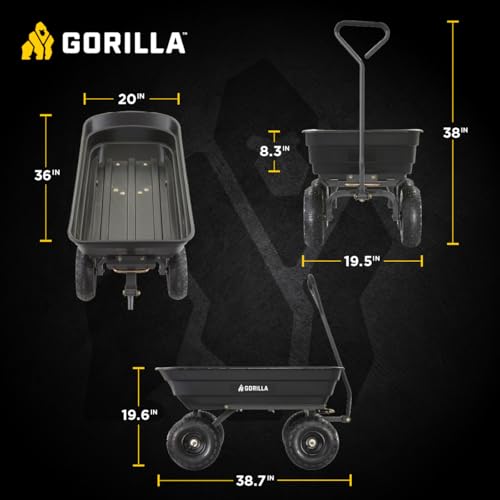 Gorilla Carts Poly Garden Dump Cart, 4 Cu Ft Tub, 600 lb Haul Capacity, Black – Heavy-Duty Utility Wagon with Quick-Release Dumping & Pneumatic Tires for Yard, Landscaping and Gardening