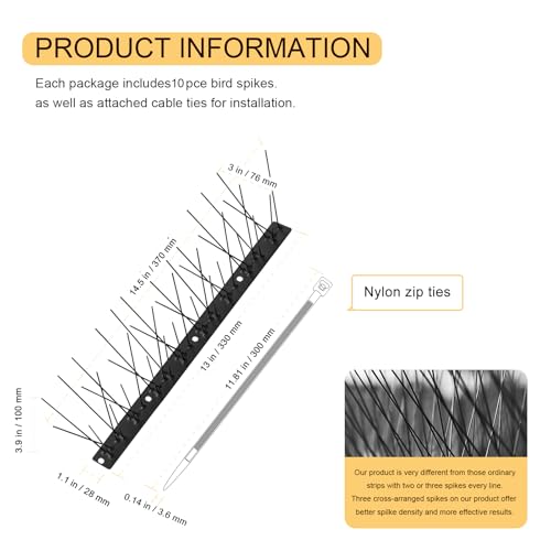 OFFO Black Pre-Assembled Bird Spikes, 304 Stainless Steel Pigeon Spikes for Outside, Cover 10.8 Feet, Easy Installation for Balcony, Roof, Window Sills, Keep Building Surfaces Clean