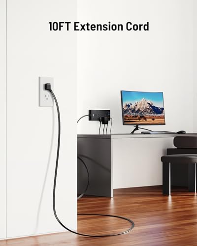 Surge Protector Power Strip 4800J, LeZone 10Ft Long Extension Cord Flat Plug, 12 Outlets 2 USB C 2 USB Ports, Wall Mountable, 20W Desk Charging Station, Black