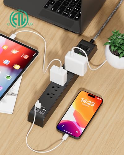 2 Pack Surge Protector Power Strip with 6 Outlets 4 USB Ports 5-Foot Long Heavy-Duty Braided Extension Cords Flat Plug 900 Joules 15A Circuit Breaker Wall Mount for Home Office ETL Listed