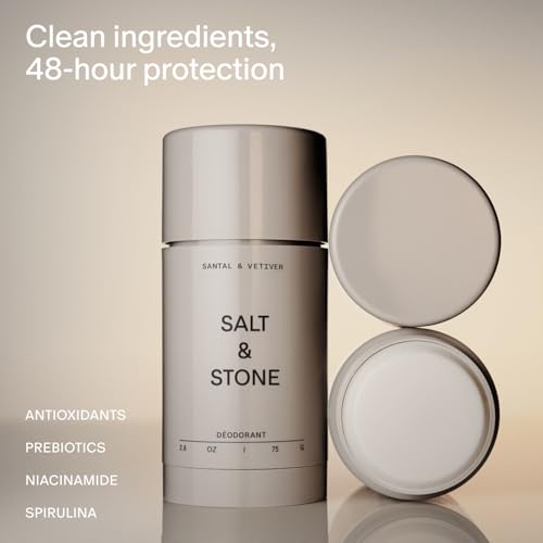 Salt & Stone Aluminum Free Deodorant | Extra Strength 48 Hour Protection for Women & Men | Made with Seaweed Extracts, Niacinamide & Prebiotics | Santal & Vetiver