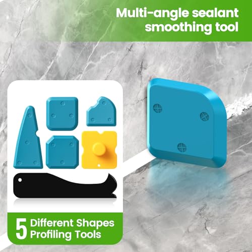 Caulking Tool 5 in 1 Silicone Caulking Grout Removal Sealant Finishing Tool with Grout Scraper, 6 Exchange Silicone Pads, Adhesive Residue Scraper Seam Repair Kit for Kitchen Bathroom