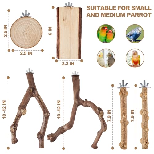 LIMIO 6-Piece Bird Perch Set - Natural Wood Grape Sticks, Paw Grinding Forks, Bird Stand & Toys for Parakeets, Cockatiels, Conure, Budgies